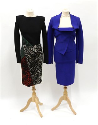 Lot 2199 - Roland Mouret Electric Blue Heavyweight Two Piece, comprising jacket with diagonal zip...