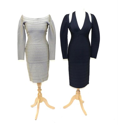 Lot 2202 - Herve Leger Grey 3/4 Length Sleeve Bandage Dress, zip fastening to reverse (labelled size S); and a