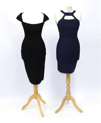 Lot 2211 - Herve Leger Navy Blue Bandage Mini Dress, with letter box neckline, hook and eye fastening...