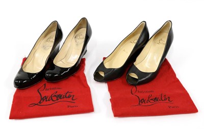 Lot 2217 - Pair of Christian Louboutin Black Leather Peep-Toe Low Wedges / Shoes, with signature red...