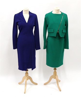 Lot 2218 - Roland Mouret Green Wool Two Piece, comprising short jacket with diagonal zip fastening and...