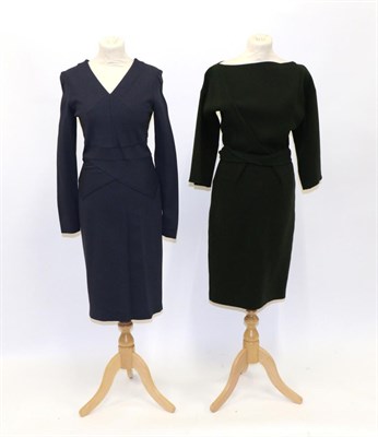 Lot 2222 - Roland Mouret Moss Green Wool Blend Pencil Dress, with 3/4 length sleeves, pin-tucked pleat...