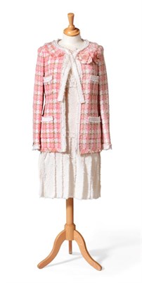 Lot 2230 - Chanel Boucle Two Piece Ensemble, comprising pink, white and beige checked jacket with four...