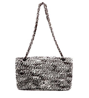 Lot 2239 - Chanel Brown, White and Black Boucle Quilted Flap Bag, with silver coloured interlocking 'CC' motif