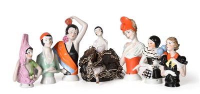 Lot 2002 - Six Large China Half Dolls, primarily in the 1920/30s style; and a Seated China Half Doll Pin...