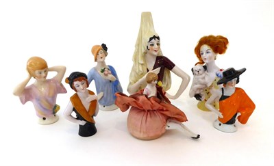Lot 2003 - Six Large China Half Dolls, primarily in the 1920/30s style; and a miniature Seated China Half Doll