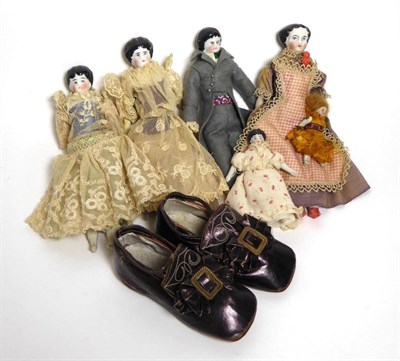 Lot 2006 - Five China Shoulder Head Dolls House Dolls, of varying heights, all fully dressed with bisque lower