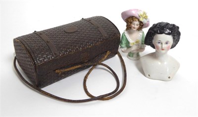 Lot 2007 - Late 19th Century Moulded Leather Basket, with two carrying handles, enclosing some sewing...
