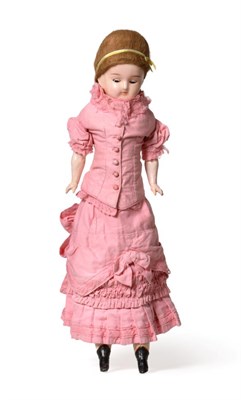 Lot 2013 - 19th Century Wax Shoulder Head Doll, with brown stylised wig, sleeping blue eyes, fabric body...