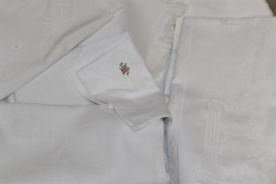 Lot 2027 - Assorted White Linen Damask, including a table cloth decorated with coronets, naval anchors,...