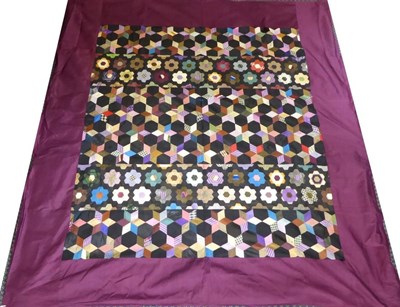 Lot 2038 - Victorian Silk Patchwork, comprising stars, tumbling blocks and hexagonal flowers, with later...