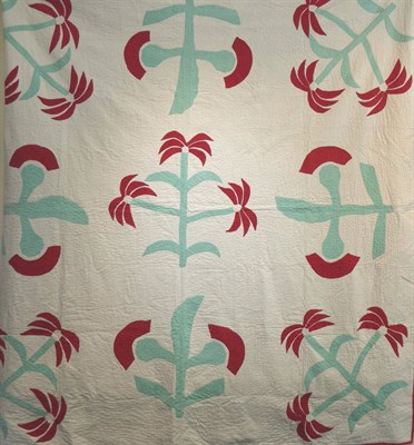 Lot 2039 - Late 19th Century Quilt, appliquÅ½d with palm trees in green and red on a white linen damask...