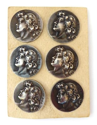 Lot 2053 - Set of Six Art Nouveau Silver Buttons, Joseph Gloster, Birmingham 1906, each button featuring a...