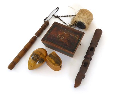 Lot 2060 - Sewing Accessories, including a Mauchlineware hinged thimble case 'Amherst College', and egg shaped