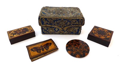 Lot 2061 - A Small 18th Century Hinged Box, in blue silk embroidered overall with foliate motifs in...