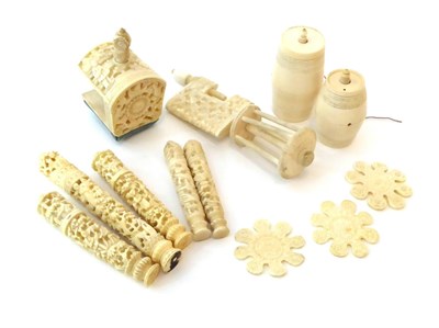 Lot 2069 - Assorted 19th Century Chinese and Other Ivory Sewing Accessories, including a carved clamp, another