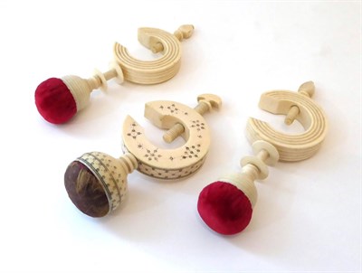 Lot 2070 - Pair of 19th Century Turned Ivory C Clamps, with red velvet pin cushion mounts, bobbins, and of...