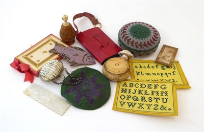 Lot 2075 - Assorted 19th Century and Later Sewing Accessories, including a bead mounted circular box and...
