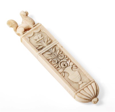 Lot 2076 - Early 19th Century Dieppe Ivory Needle Case, carved with a vase of flowers to one side, with seated