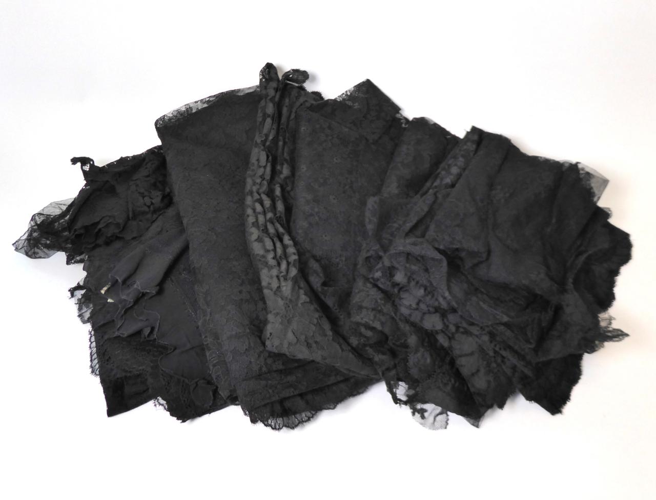 Lot 2095 - Collection of Black Lace, including three large square shawls, stoles, skirt panels, scarves,...