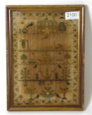 Lot 2100 - Small 19th Century Decorative Sampler, worked in cross stitch in coloured silks with birds,...