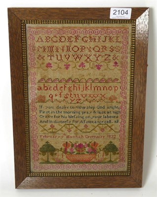 Lot 2104 - A 19th Century Alphabet Sampler by Hannah Greenacre, Dated February 9th 1832, worked in...