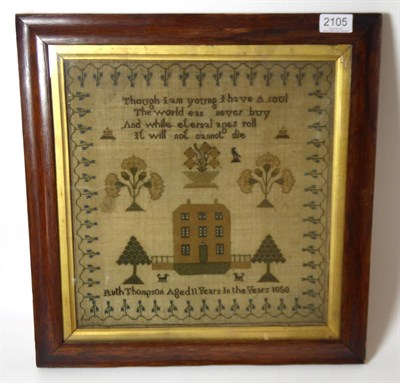 Lot 2105 - A 19th Century Sampler by Ruth Thompson, 1850, Aged 11 years, worked in cross-stitch with a central