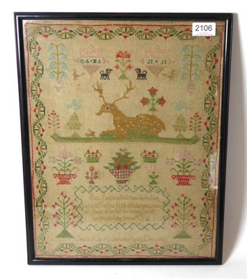 Lot 2106 - A 19th Century Pictorial Sampler by Jessie Ann Anderson, Aged 8, Dec 1846, with a large...