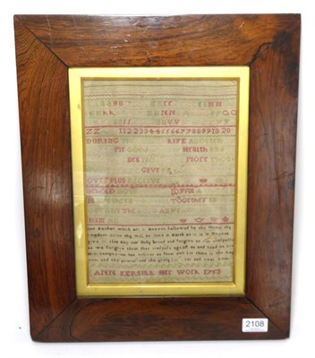 Lot 2108 - An 18th Century Alphabet Sampler with Verse by Ann Kersill Dated 1753, worked in cross stitch...