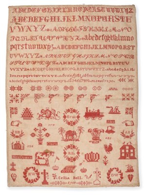 Lot 2111 - 19th Century Ashley Down Orphanage Unframed Sampler Worked by Celia Bell, in red cross stitch...