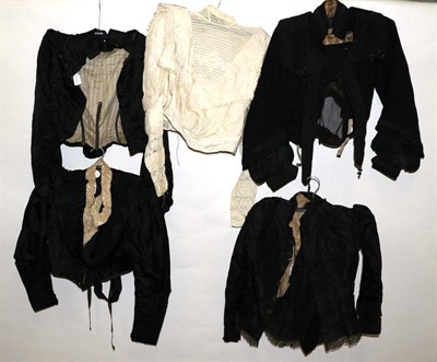 Lot 2121 - 19th Century and Later Bodices, comprising black silk example with cream lace insert; black...