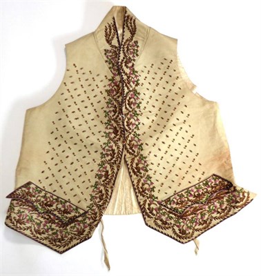 Lot 2123 - 18th Century Gents Cream Silk Waistcoat, embroidered to the front with mauve flower heads, on brown