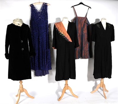 Lot 2126 - Circa 1920s-40s Costume, comprising a purple lace mounted sleeveless evening dress; black crepe day