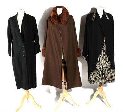 Lot 2133 - Circa 1920/30s Coats, including a Black Coat with Cream Embroidery around the hems, openings...