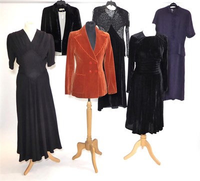 Lot 2134 - 1930s and Later Assorted Costume, comprising a 1940s midnight blue short sleeved day dress with...