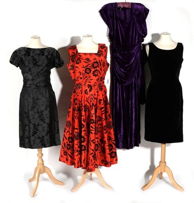 Lot 2148 - Four Evening Dresses, comprising a circa 1930/40s purple velvet full length dress, with capped...