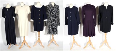 Lot 2165 - Modern Ladies' Costume, comprising a Jean Muir Studio purple wool dress with long sleeves,...