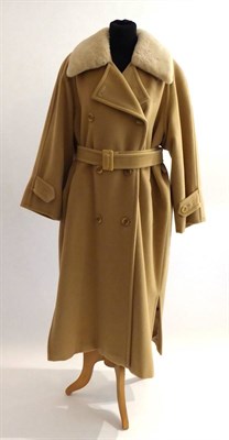 Lot 2167 - Max Mara Camel Coloured Wool/Cashmere Blend Double Breasted Coat, with fluffy collar and slit...