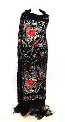 Lot 2183 - Circa 1920s Chinese Black Silk Shawl, embroidered in coloured silks overall with...