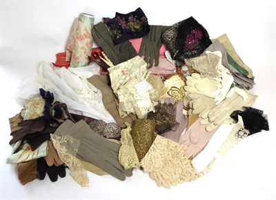 Lot 2188 - Assorted Costume Accessories, including ladies' kid and leather coloured gloves, fabric mounted...