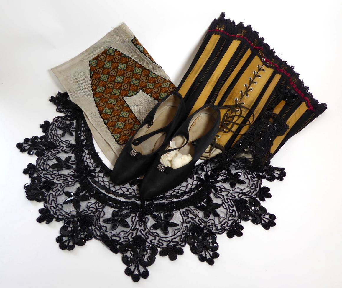 Lot 2198 - Costume Accessories, including a pair of circa 1920s black silk evening shoes; black net and...