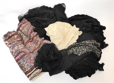 Lot 2219 - Assorted Costume Accessories, including 3m of black devore silk velvet, 4m of silk crepe de...