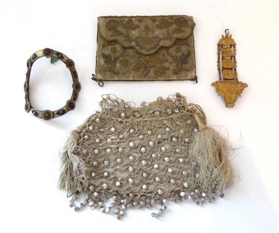 Lot 2223 - An 18th Century Picture Book/Purse in green silk, embroidered in silvered and gold threads with...