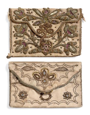 Lot 2227 - 18th Century Pocket Book/Purse, in cream silk embroidered with gilt metal threads, decorated...