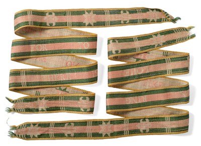 Lot 2228 - Pair of 19th Century Gent's Wedding Garters, woven in green, pink and yellow silk with the phrases