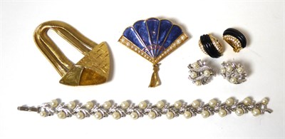 Lot 2240 - A Trifari Simulated Pearl Bracelet and Earring Suite, of silvered metal branch motif links...