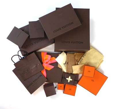 Lot 2245 - Group of Assorted Empty Louis Vuitton and Hermes Packaging, including dust bags, carriers,...