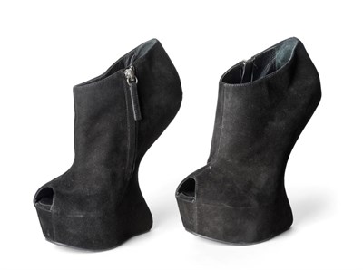 Lot 2268 - Pair of Giuseppe Zanotti Sculptural 'Heelless' Black Suede Peep Toe Booties / Shoes, with side...