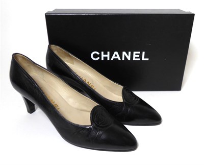 Lot 2270 - Pair of Chanel Black Leather Heeled Court Shoes, with interlocking 'CC' motif within a stitched...