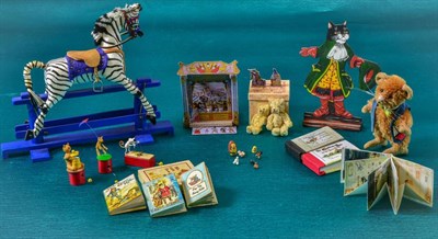 Lot 2013 - Assorted Dolls House Nursery Miniatures, including a zebra rocking horse on a blue stand,...